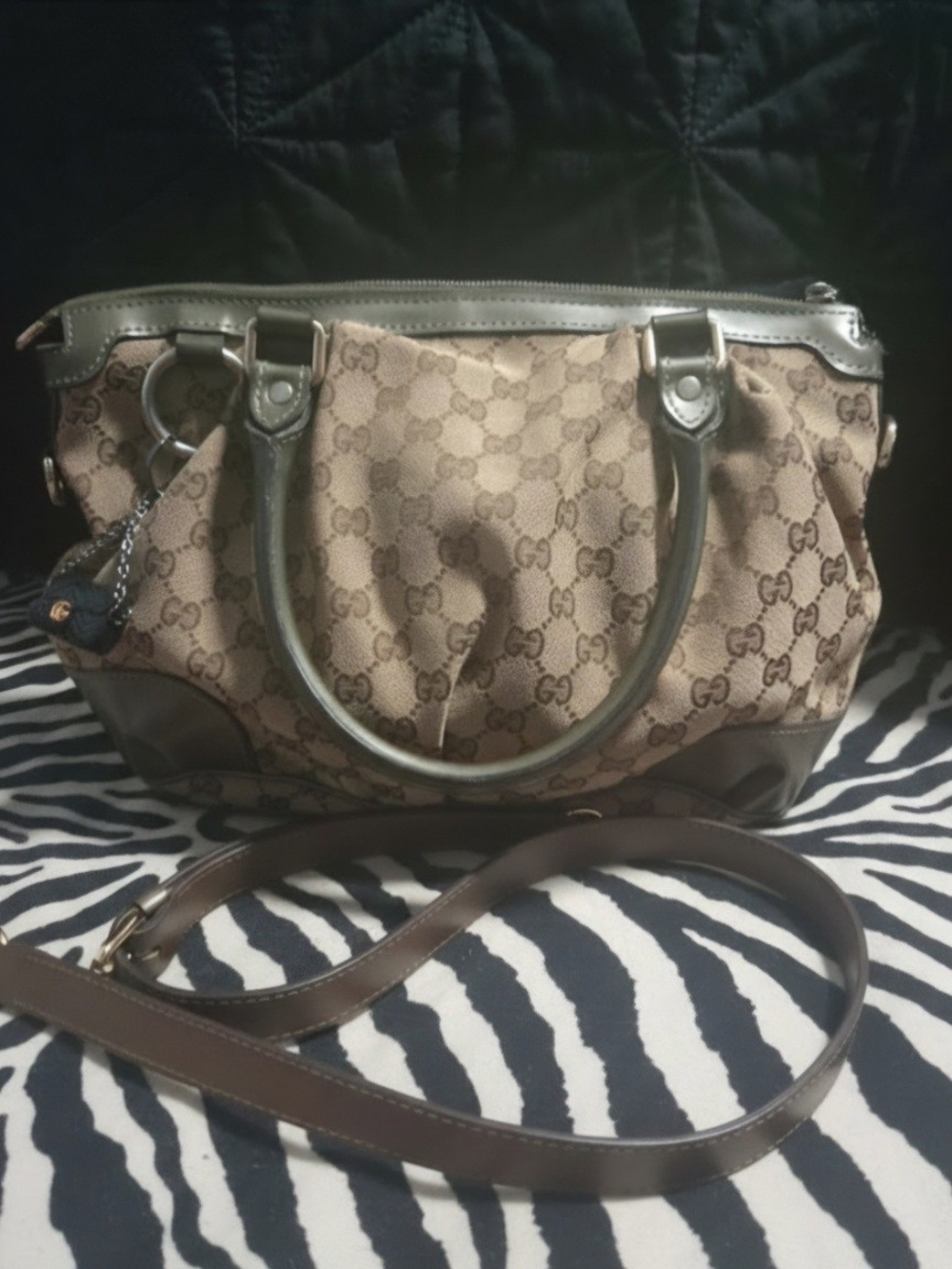 Gucci Beige GG Canvas Satchel Bag with Green Leather Trim